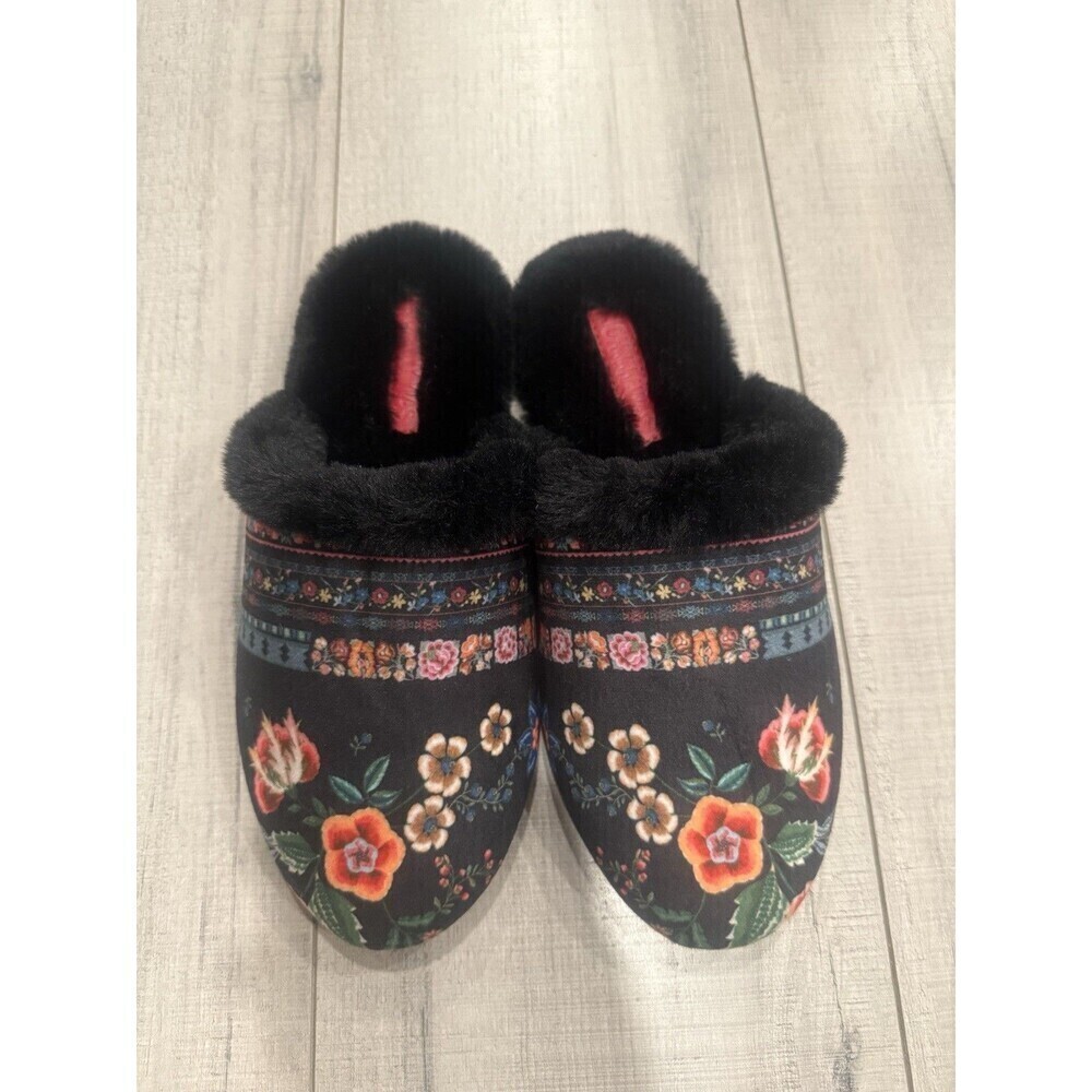 Johnny Was Ardell Slippers Floral Black Velvet Sz 8M